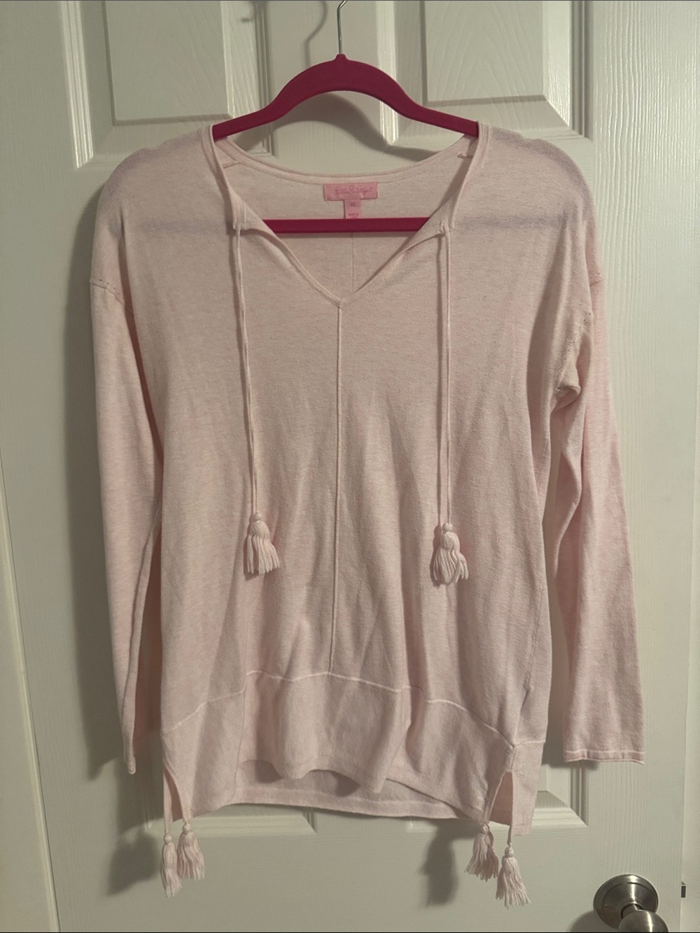 Lilly Pulitzer Pale Pink V-Neck Tassel Pullover Hoodie